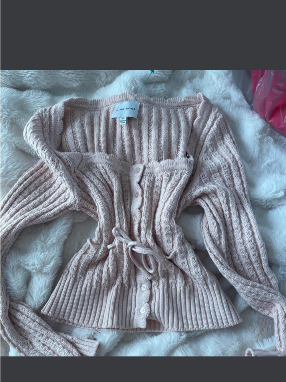 Pink Rose Soft Blush Cable Knit Button-Front Cardigan with Waist Tie